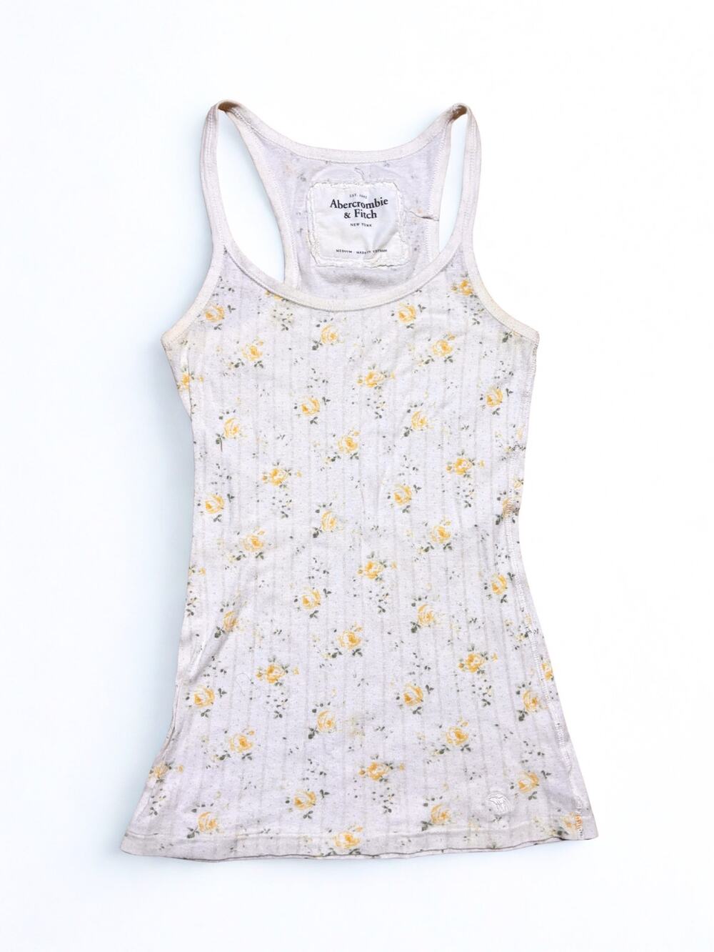 Vtg Y2K Abercrombie & Fitch White Yellow Floral Ribbed Cami Tank Moose Logo